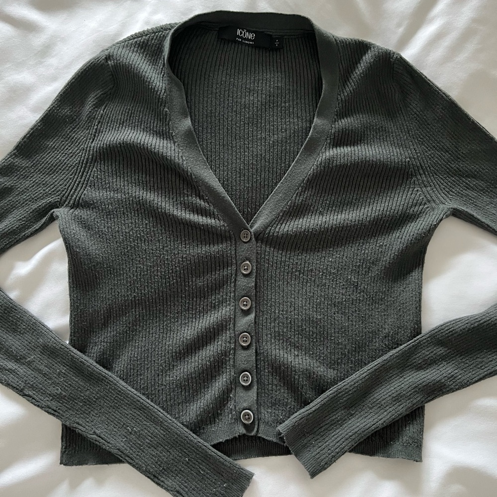 Simons Icône Olive Green Ribbed V-Neck Cardigan